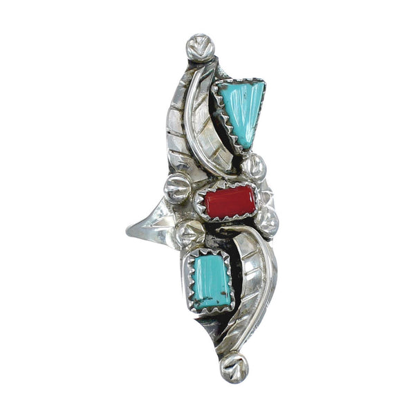 Native American Zuni Turquoise And Coral Leaf Ring Size 6-3/4 AX125810